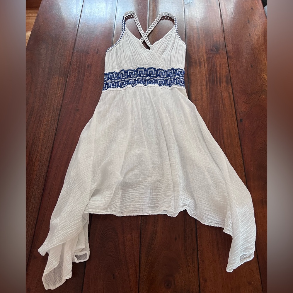 Girls White Crinkle Dress with Blue Embroidered Waist